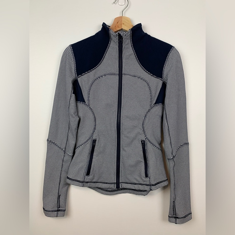Lululemon Define Full Zip Jacket Navy White Gingham Print Size 4 Active Run